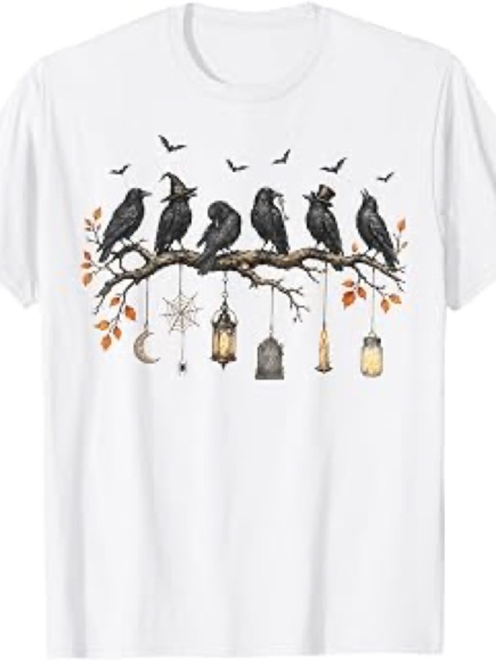 White T-Shirt with Black Crow Tree Design - Pet Bird Theme, Gift For Him, Her